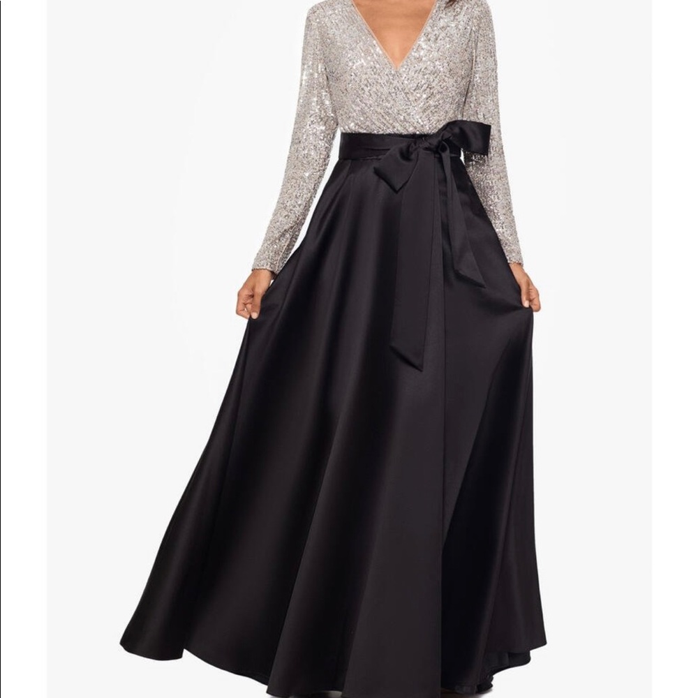 XSCAPE - LONG SLEEVE SATIN GOWN-SEQUIN BODICE